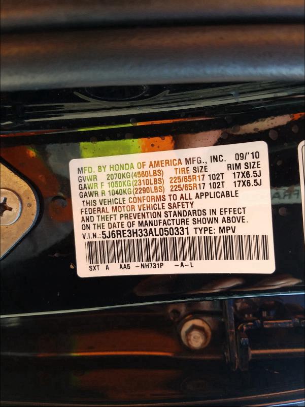 2010 HONDA CR-V LX 5J6RE3H33AL050331