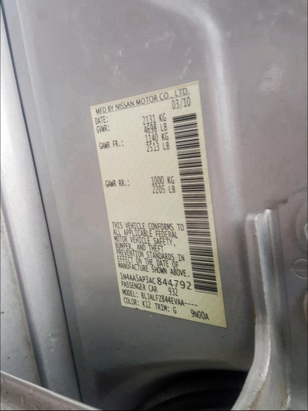 2010 NISSAN MAXIMA S 1N4AA5AP3AC844792