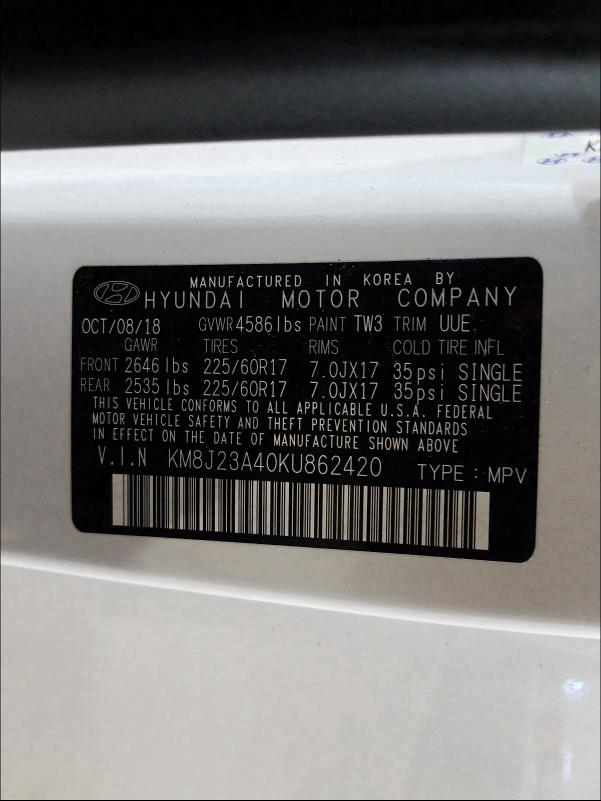 2019 HYUNDAI TUCSON SE KM8J23A40KU862420