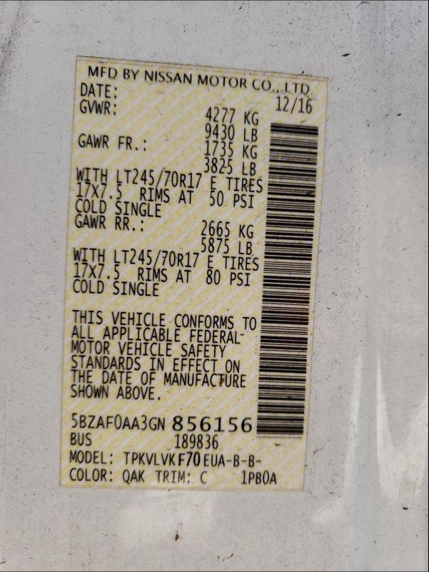 2016 NISSAN NV 3500 S 5BZAF0AA3GN856156