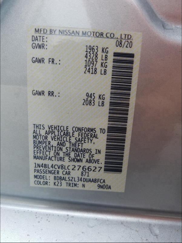 2020 NISSAN ALTIMA SR 1N4BL4CV8LC276627