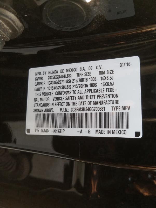 2016 HONDA CR-V LX 3CZRM3H34GG700681