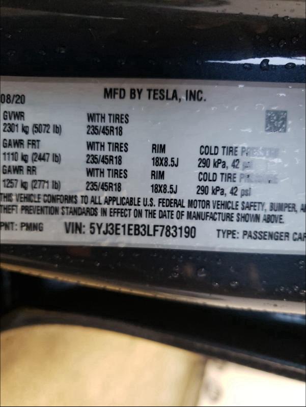 2020 TESLA MODEL 3 5YJ3E1EB3LF783190