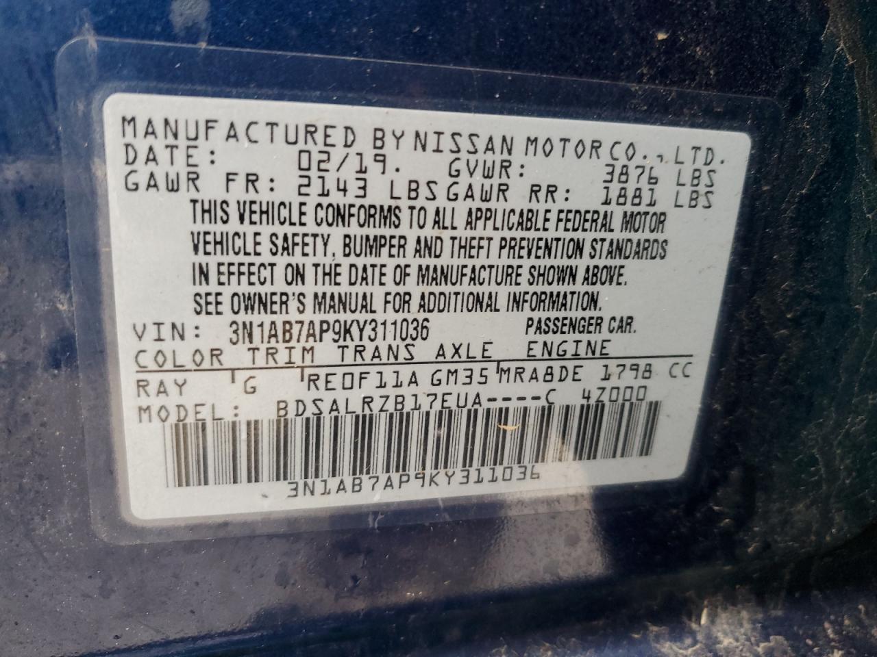 3N1AB7AP9KY311036 NISSAN SENTRA 2019