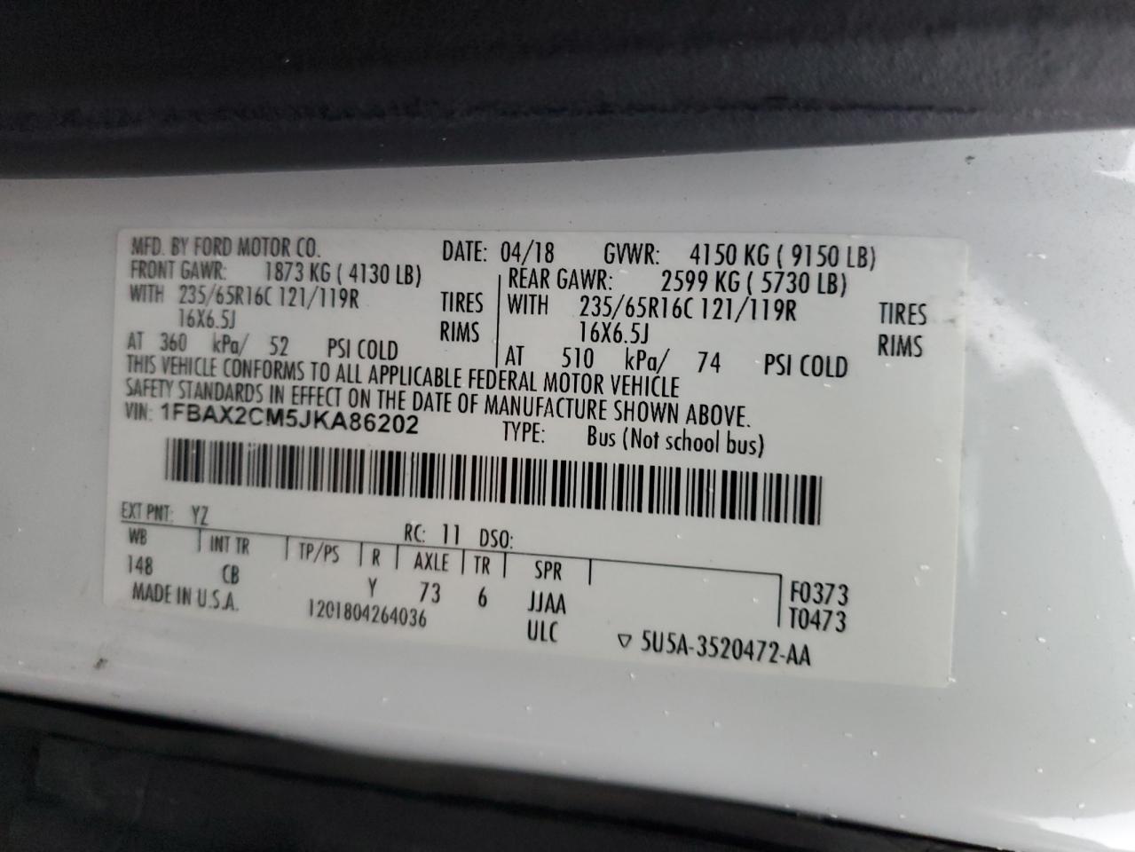 1FBAX2CM5JKA86202 FORD TRANSIT 2018