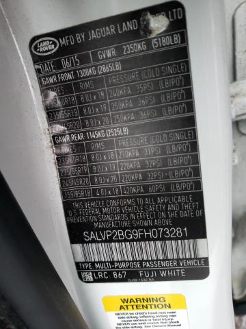 2015 LAND ROVER RANGE ROVE SALVP2BG9FH073281