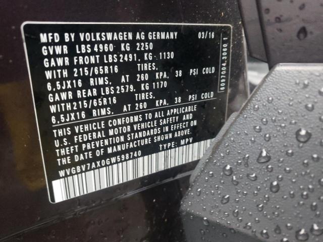 2016 VOLKSWAGEN TIGUAN S - WVGBV7AX0GW598740