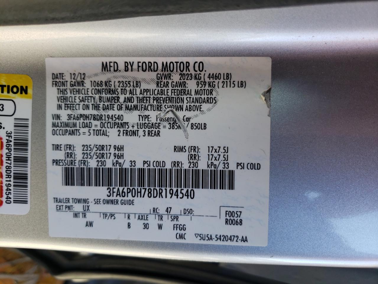 2013 FORD FUSION SE - 3FA6P0H78DR194540