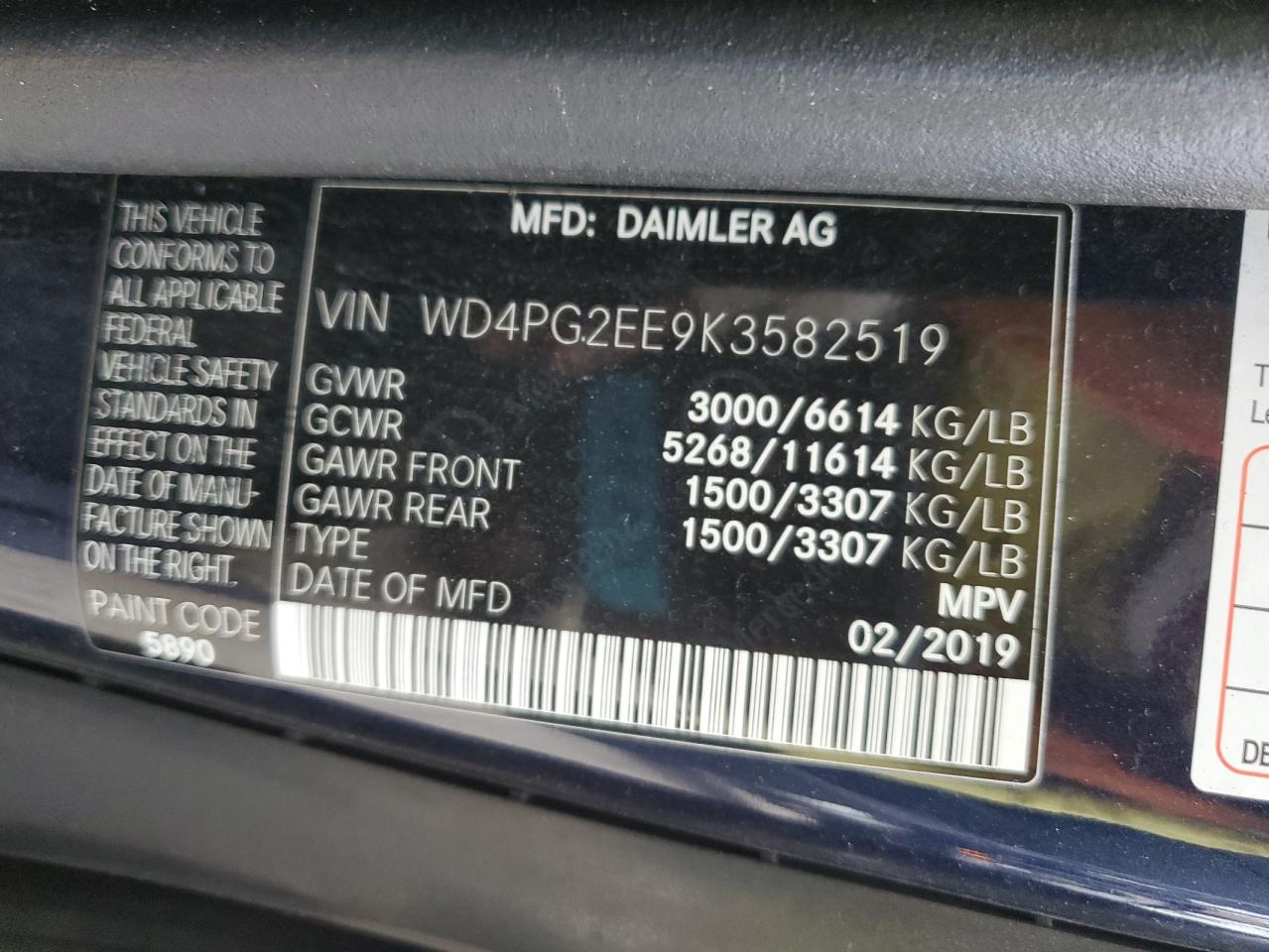 2019 MERCEDES-BENZ METRIS - WD4PG2EE9K3582519