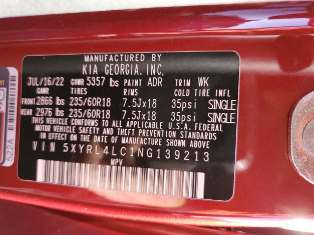 5XYRL4LC1NG139213 KIA SORENTO S