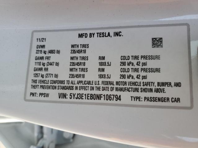 5YJ3E1EB0NF106794 Tesla MODEL 3