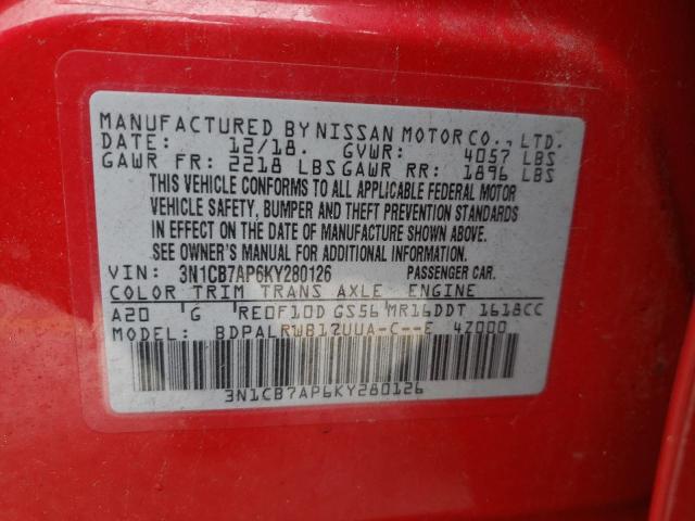 2019 NISSAN SENTRA SR - 3N1CB7AP6KY280126