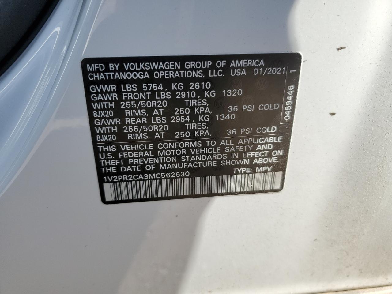 1V2PR2CA3MC562630 2021 Volkswagen Atlas Se