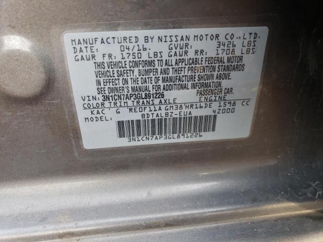 2016 NISSAN VERSA S 3N1CN7AP3GL891226