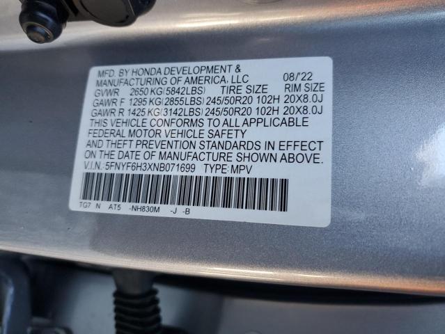 2022 HONDA PILOT SPOR 5FNYF6H3XNB071699
