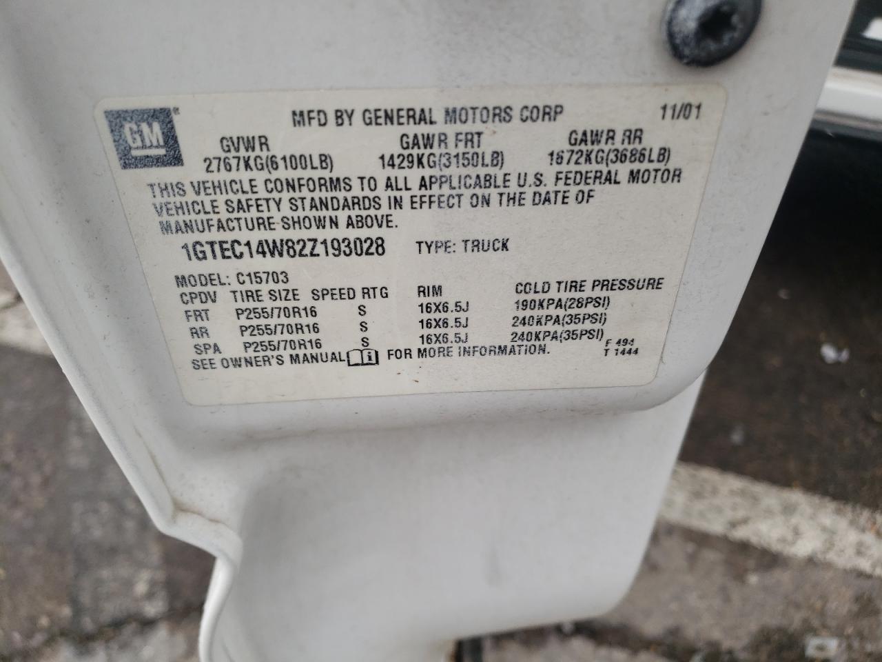 2002 GMC NEW SIERRA C1500 - 1GTEC14W82Z193028