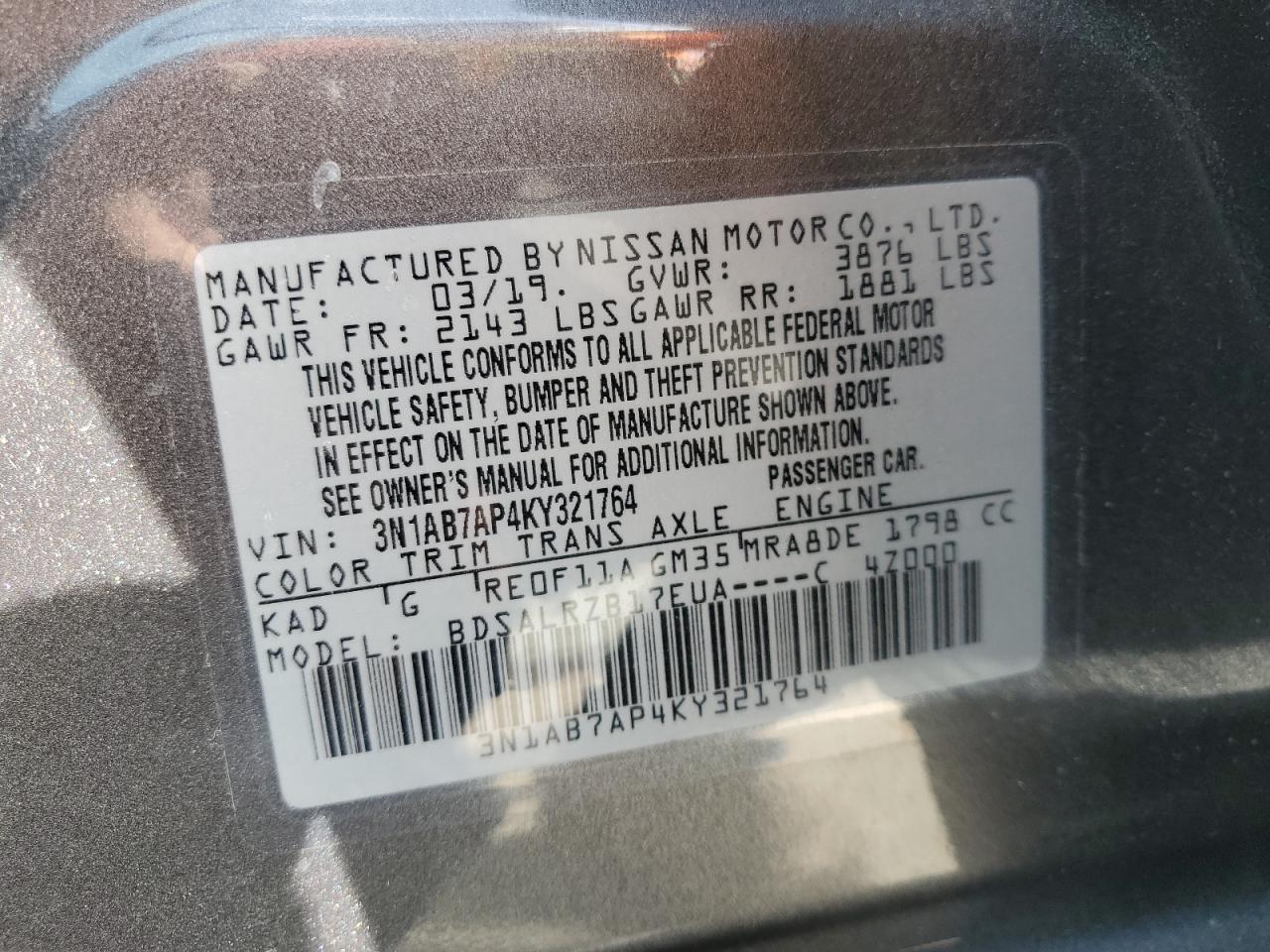 3N1AB7AP4KY321764 2019 Nissan Sentra S