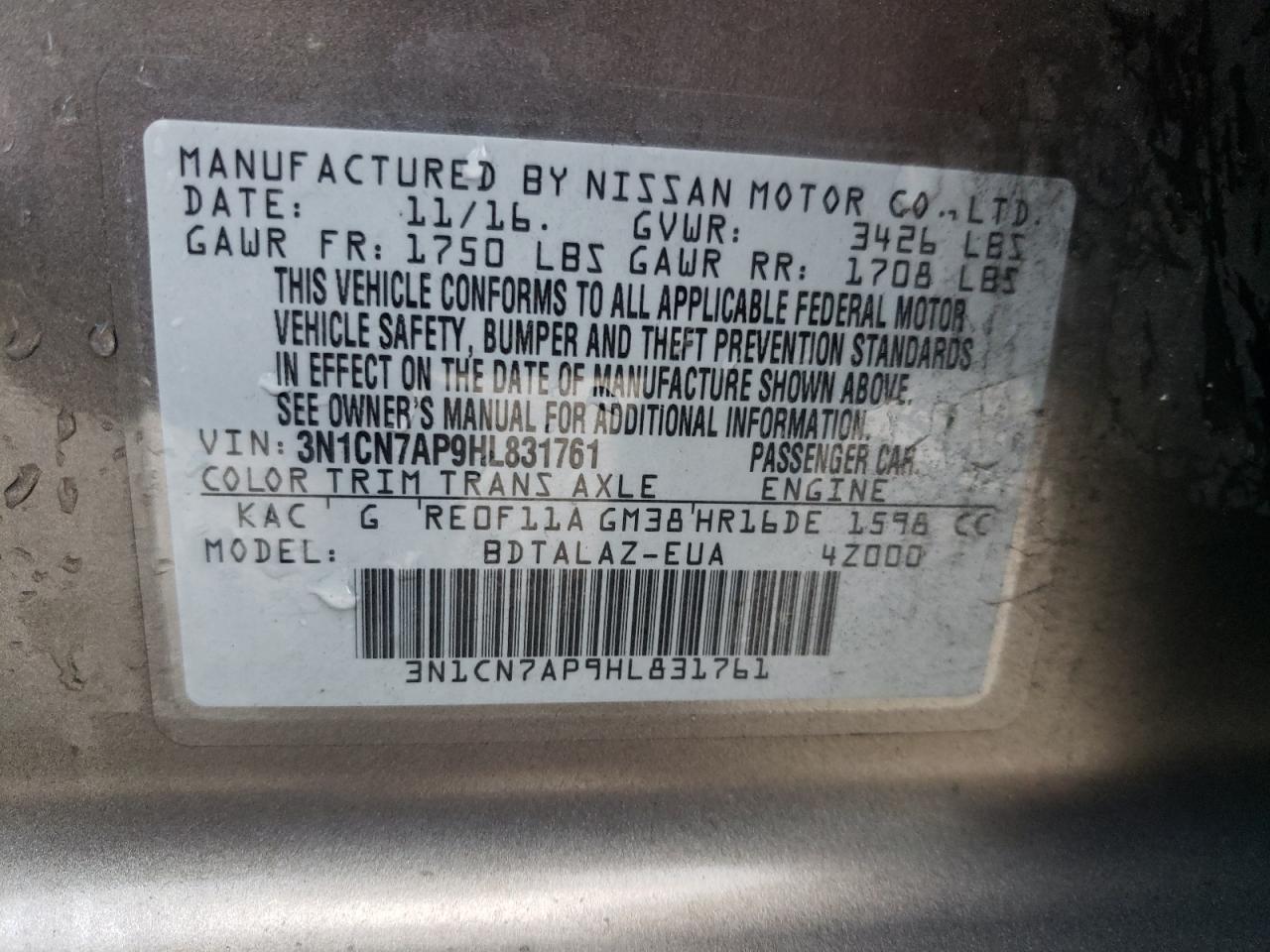 3N1CN7AP9HL831761 NISSAN VERSA 2017