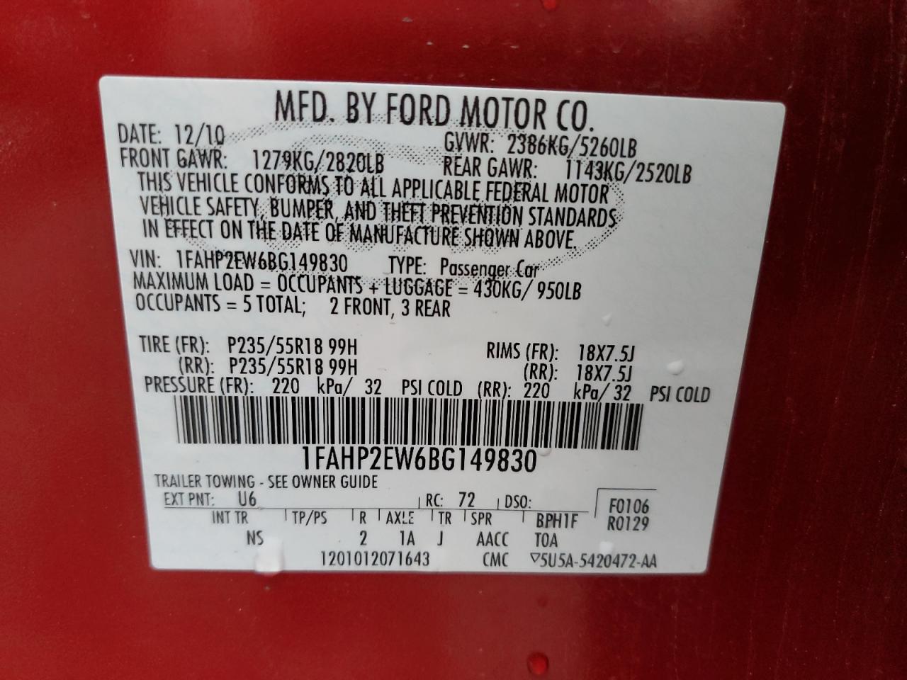 2011 FORD TAURUS SEL - 1FAHP2EW6BG149830