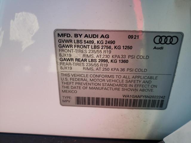 2022 AUDI Q5 PREMIUM WA1GAAFY5N2022242