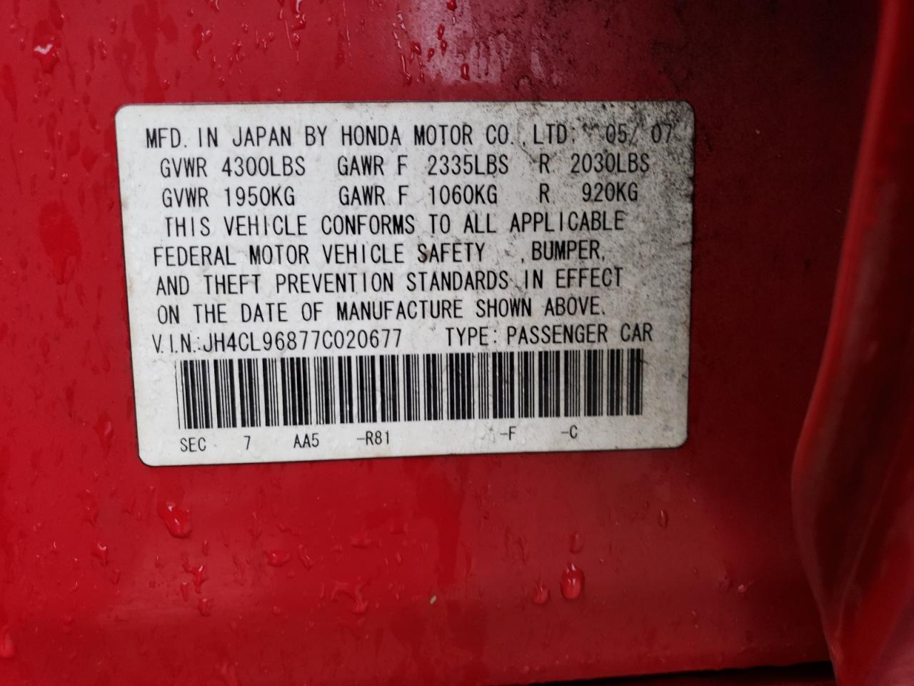 2007 ACURA TSX - JH4CL96877C020677