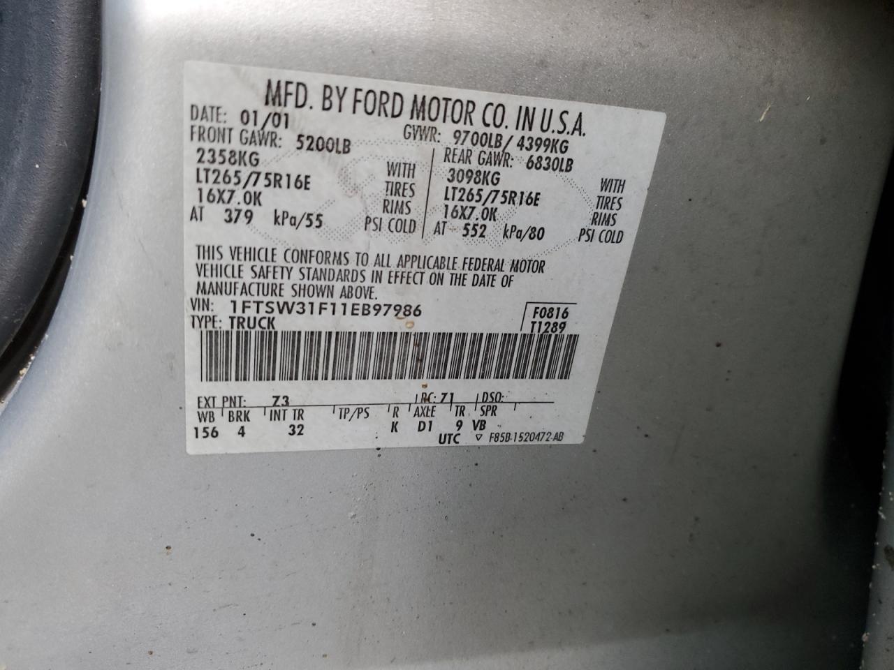2001 FORD F350 SRW SUPER DUTY - 1FTSW31F11EB97986