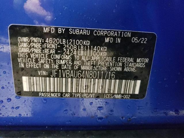 2022 SUBARU WRX GT JF1VBAU64N8011716