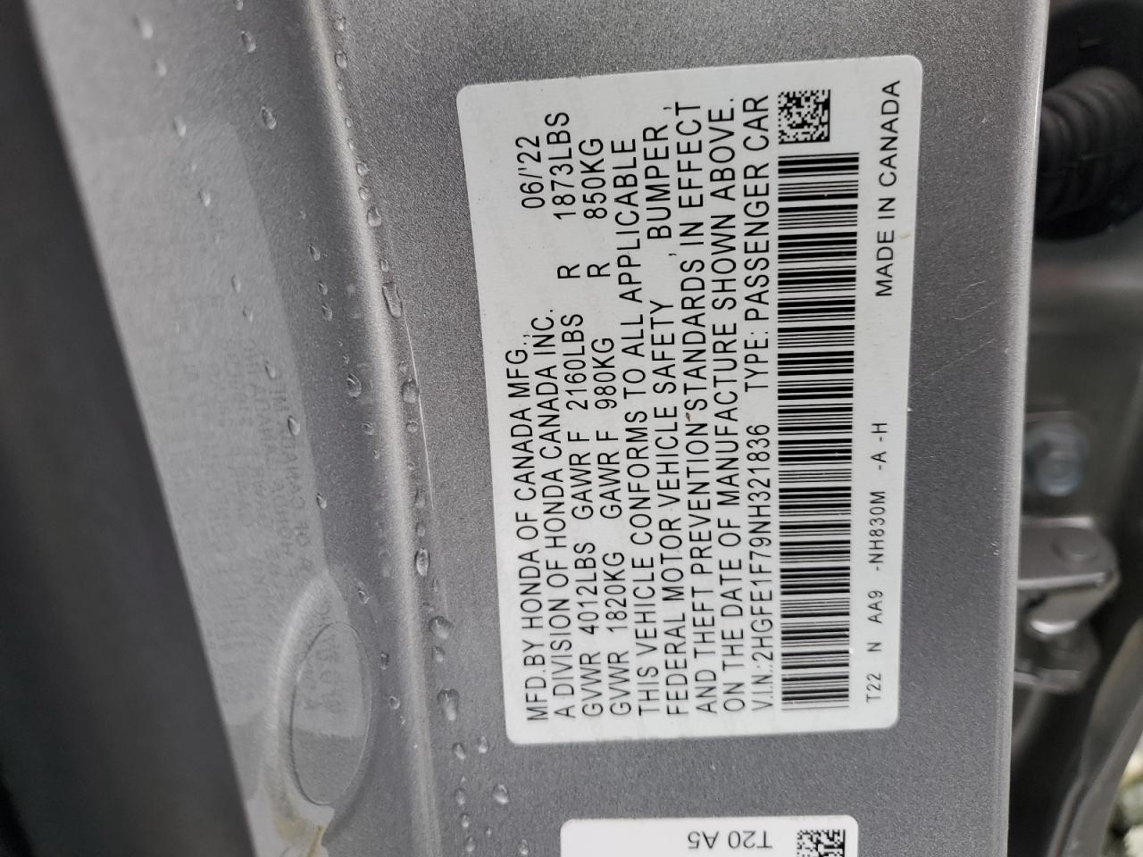 VIN: 2HGFE1F79NH321836 2022 HONDA CIVIC
