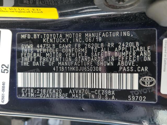 2018 TOYOTA CAMRY L - 4T1B11HK0JU650308