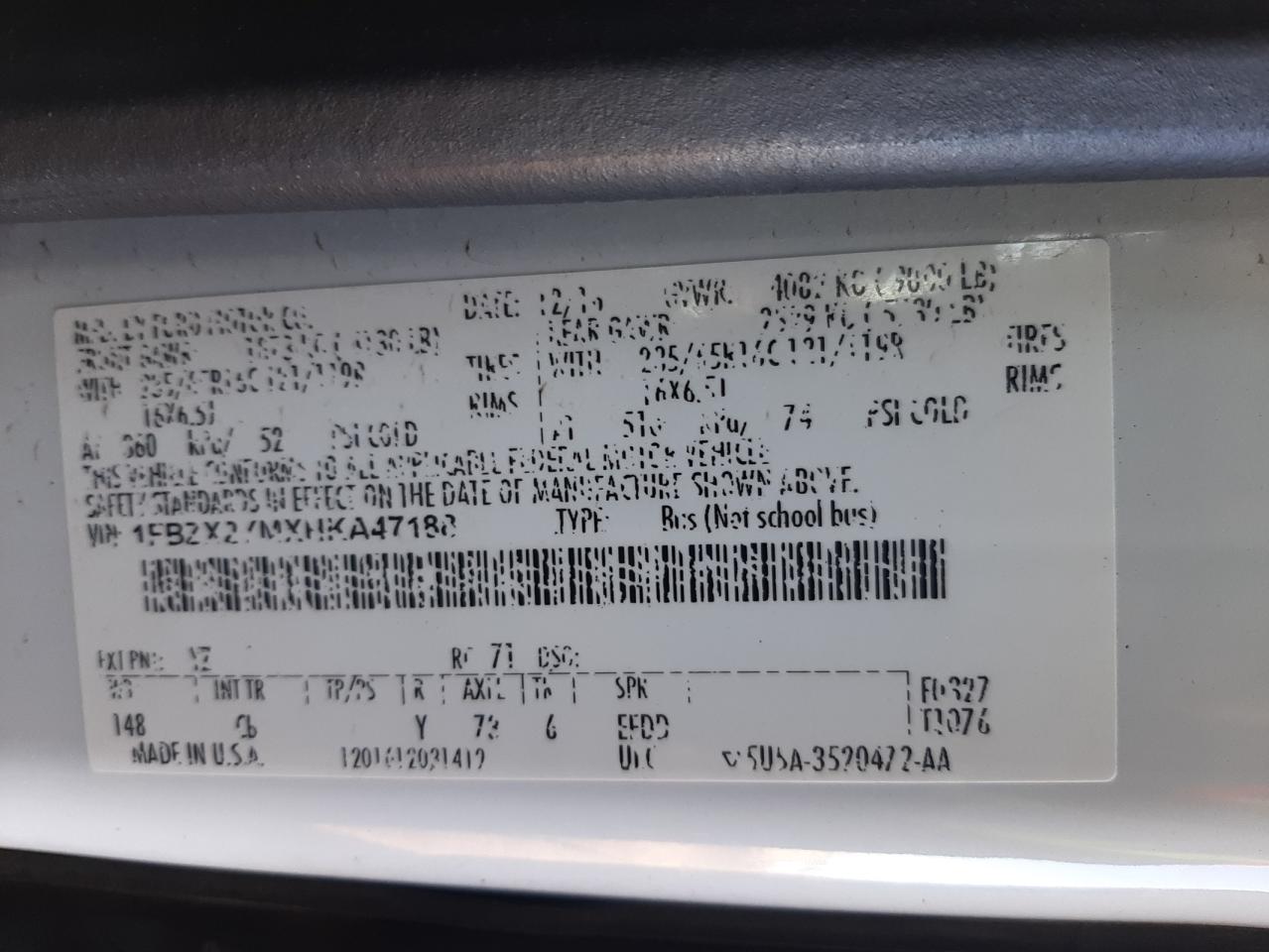2017 FORD TRANSIT T-350 1FBZX2YMXHKA47188