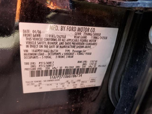 2006 FORD FIVE HUNDRED SEL VIN: 1FAFP271X6G186734
