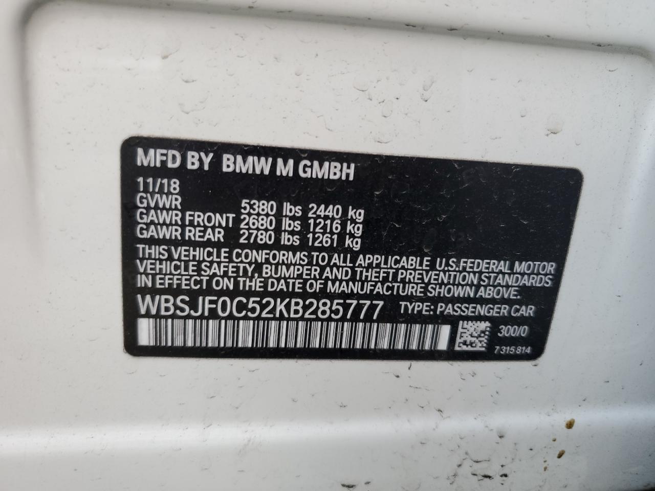 WBSJF0C52KB285777 2019 BMW M5