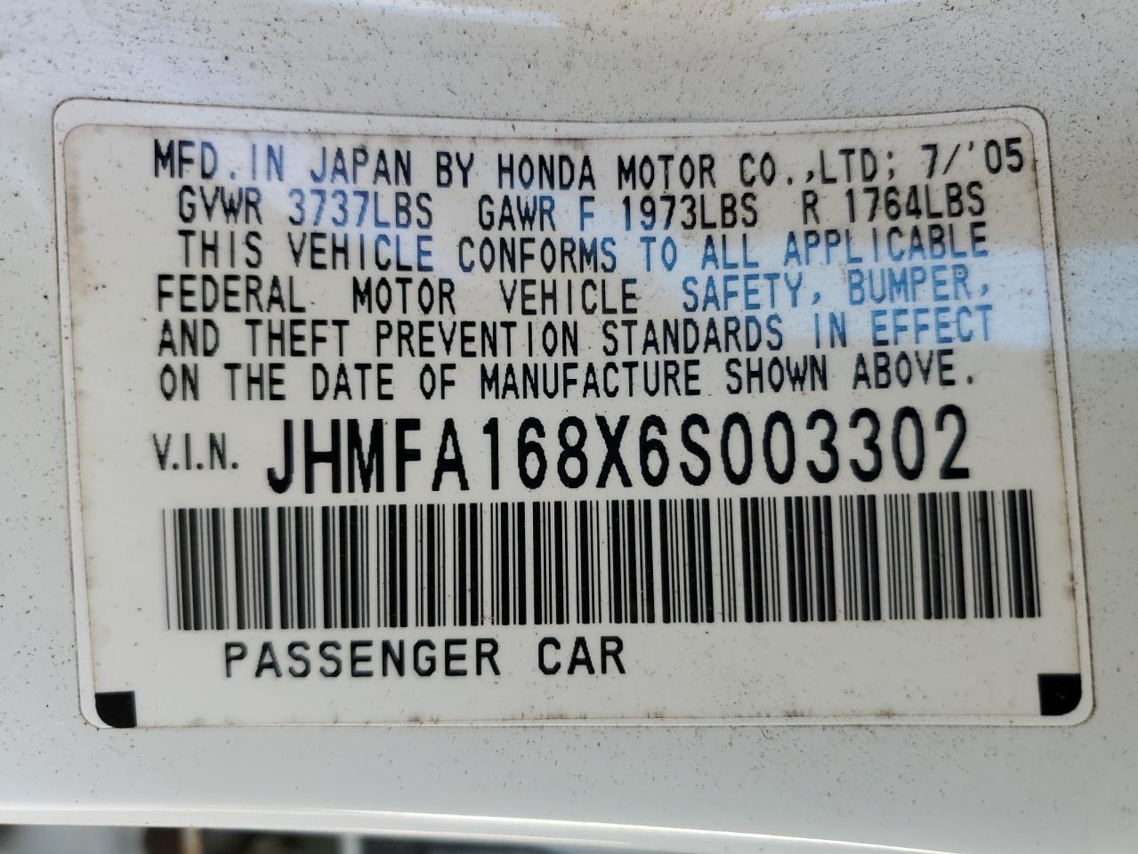 2006 HONDA CIVIC EX JHMFA168X6S003302