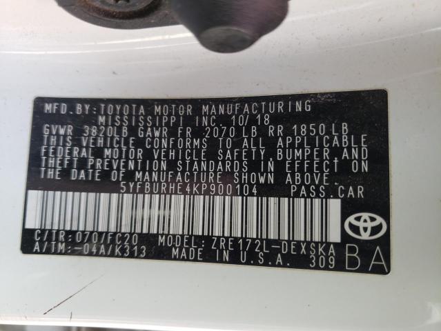 2019 TOYOTA COROALLA 5YFBURHE4KP900104