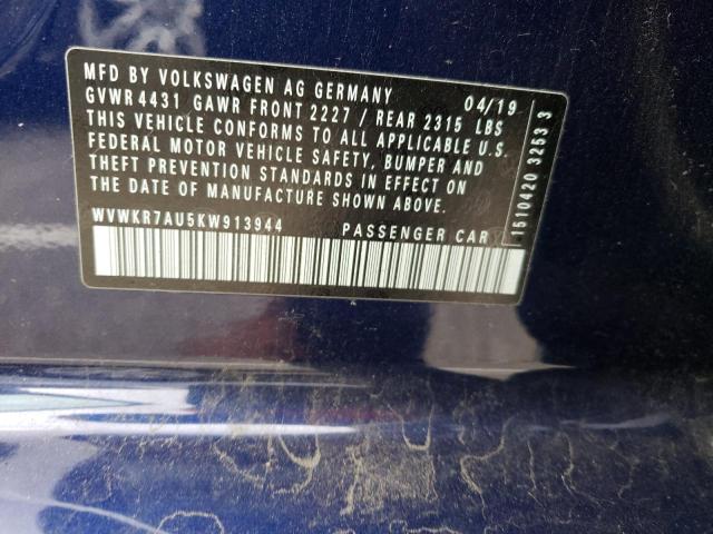 2019 VOLKSWAGEN E-GOLF SE WVWKR7AU5KW913944