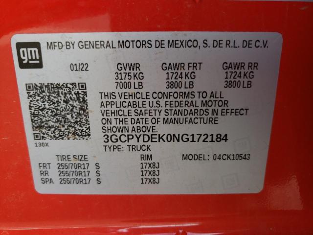 2022 CHEVROLET SILVERADO 3GCPYDEK0NG172184