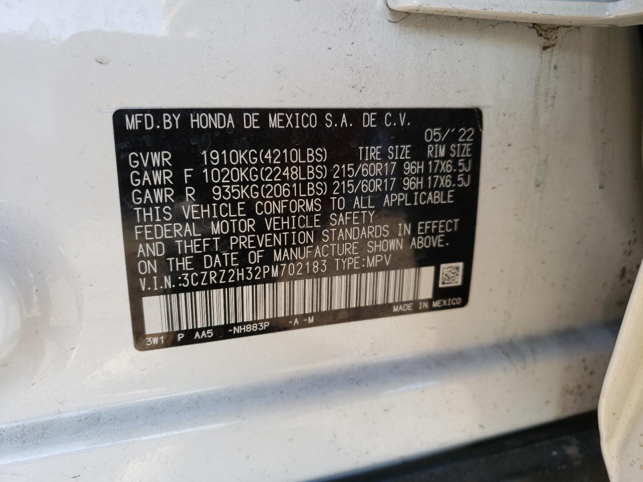 3CZRZ2H32PM702183 HONDA HR-V 2023