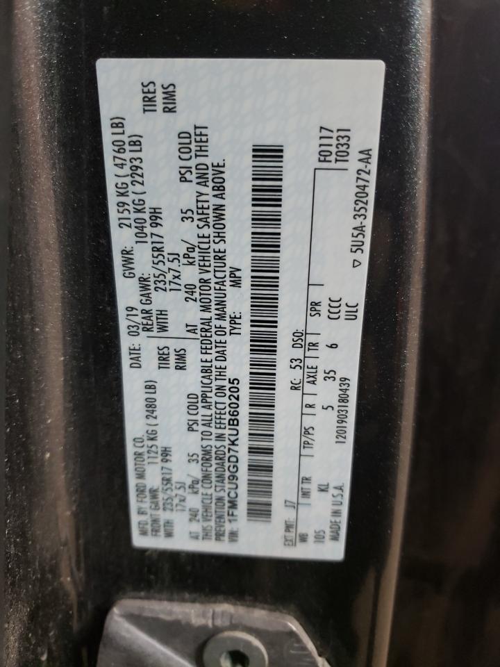 1FMCU9GD7KUB60205 FORD ESCAPE 2019