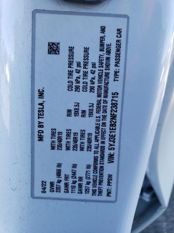 5YJ3E1EB2NF238715 Tesla MODEL 3
