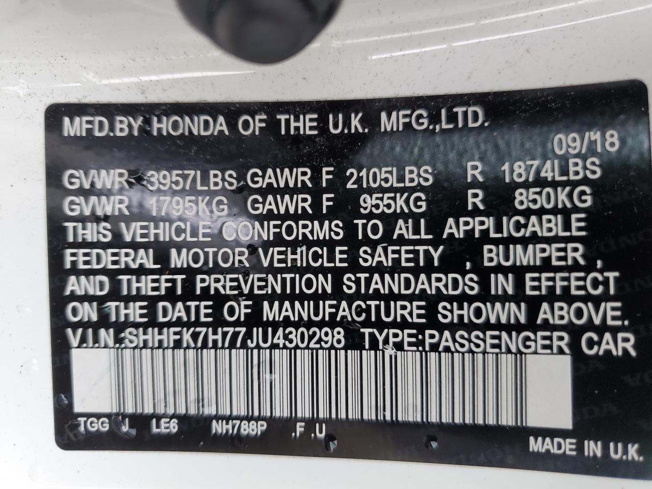 2018 Honda Civic Exl VIN: SHHFK7H77JU430298 Lot: 80787535