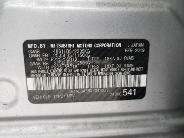 2019 MITSUBISHI OUTLANDER JA4AD3A38KZ043237