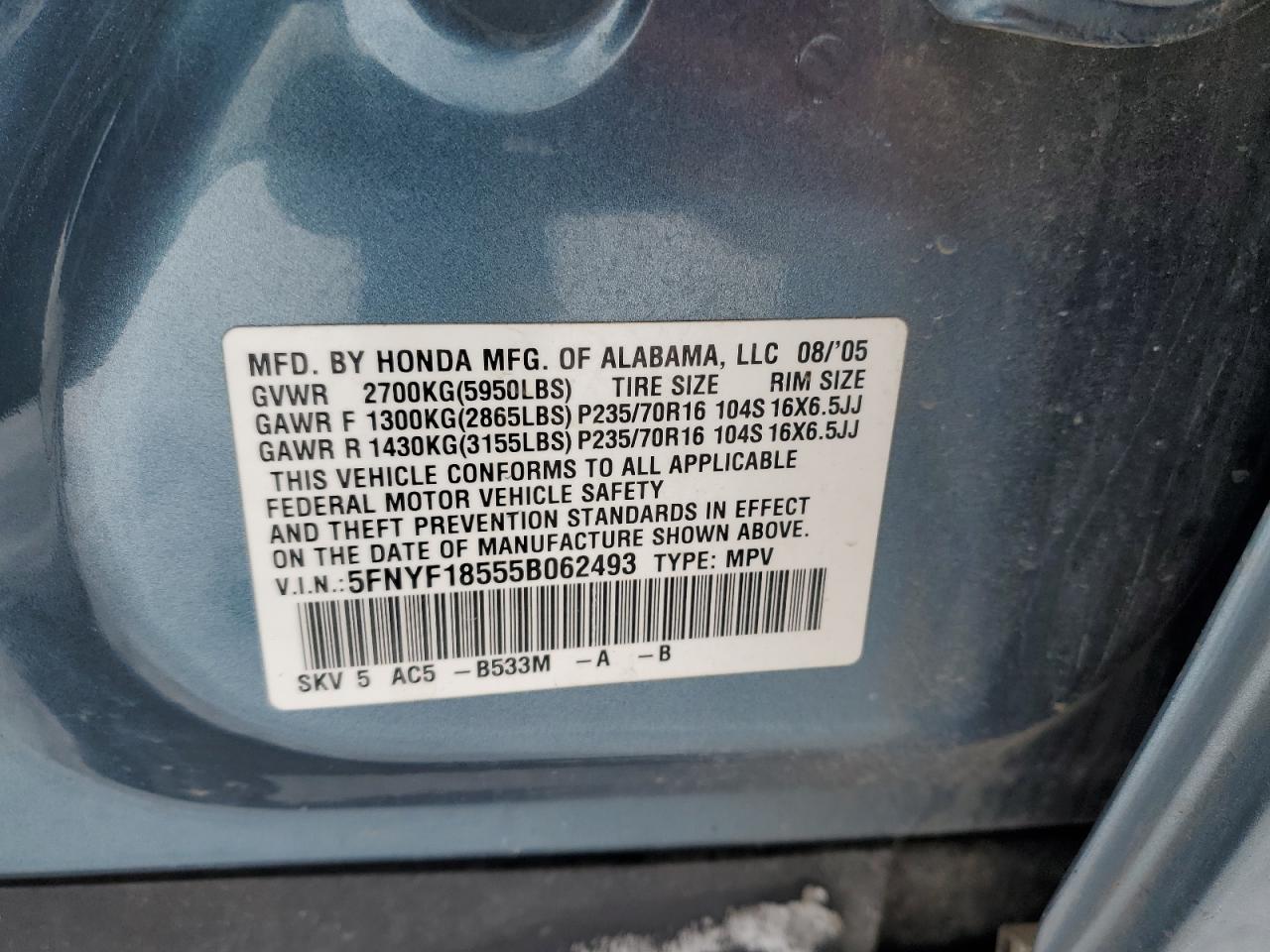2005 HONDA PILOT EXL - 5FNYF18555B062493