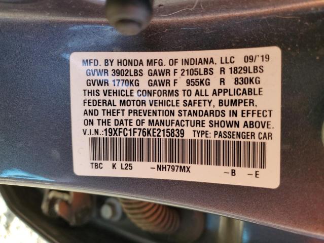 2019 HONDA CIVIC EXL - 19XFC1F76KE215839