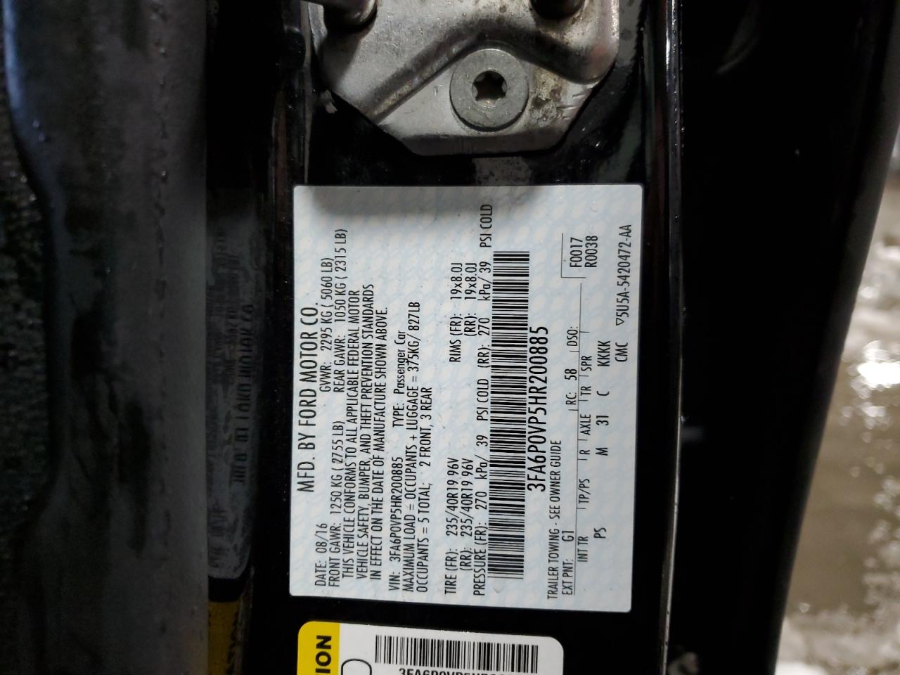 3FA6P0VP5HR200885 FORD FUSION 2017