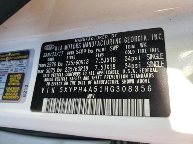 5XYPH4A51HG308356 KIA SORENTO EX