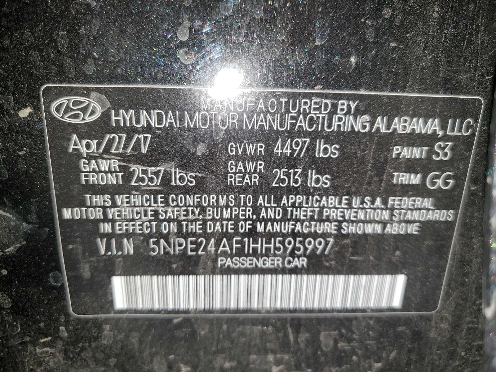 5NPE24AF1HH595997 2017 Hyundai Sonata Se