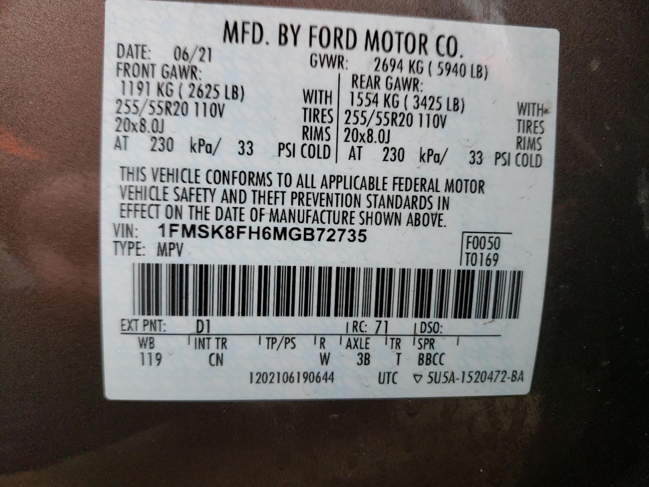 1FMSK8FH6MGB72735 FORD EXPLORER 2021