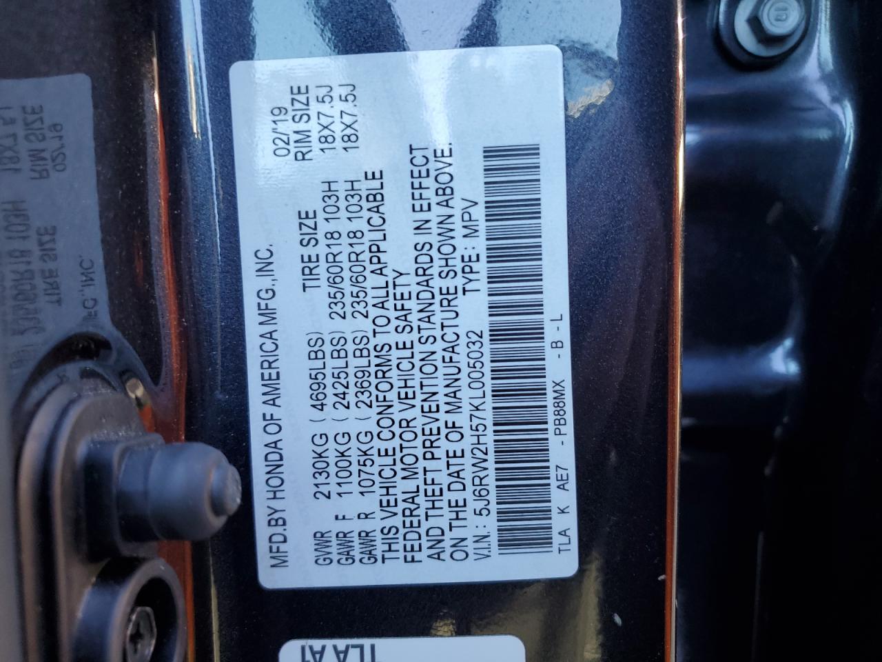 5J6RW2H57KL005032 HONDA CRV 2019
