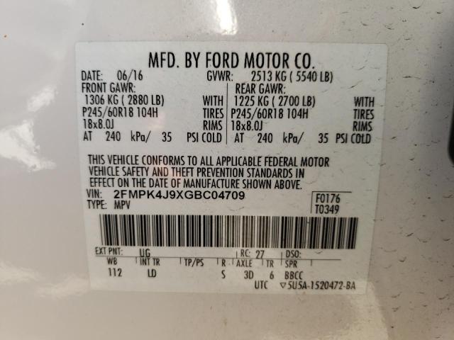 2016 FORD EDGE SEL 2FMPK4J9XGBC04709