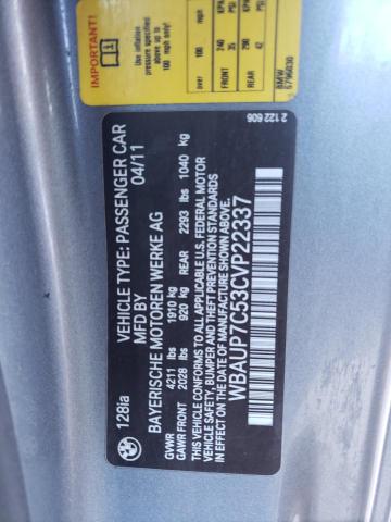 WBAUP7C53CVP22337 BMW 128 I